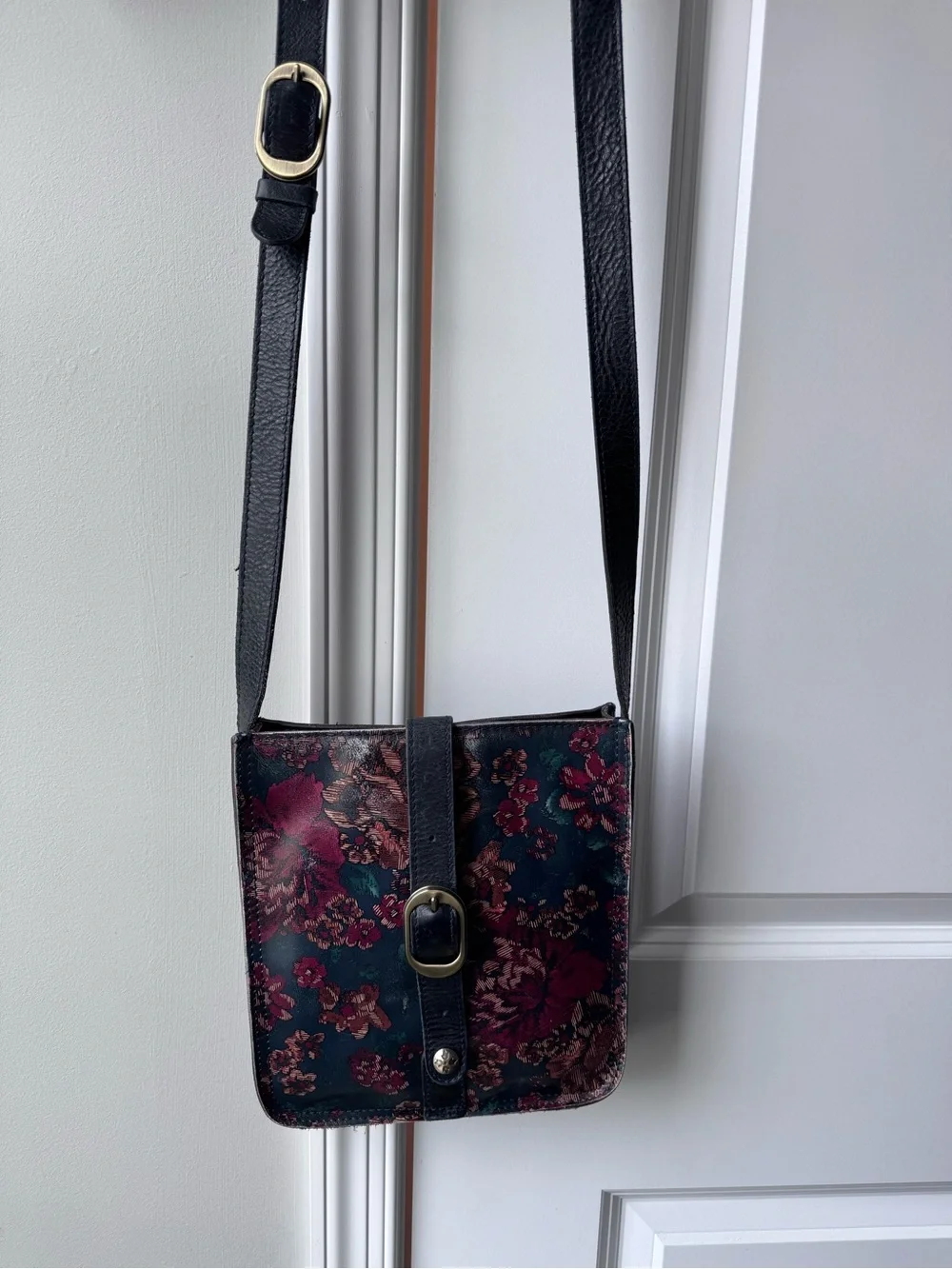 Patricia Nash Floral Crossbody in Burgundy, Teal & Black with Buckle